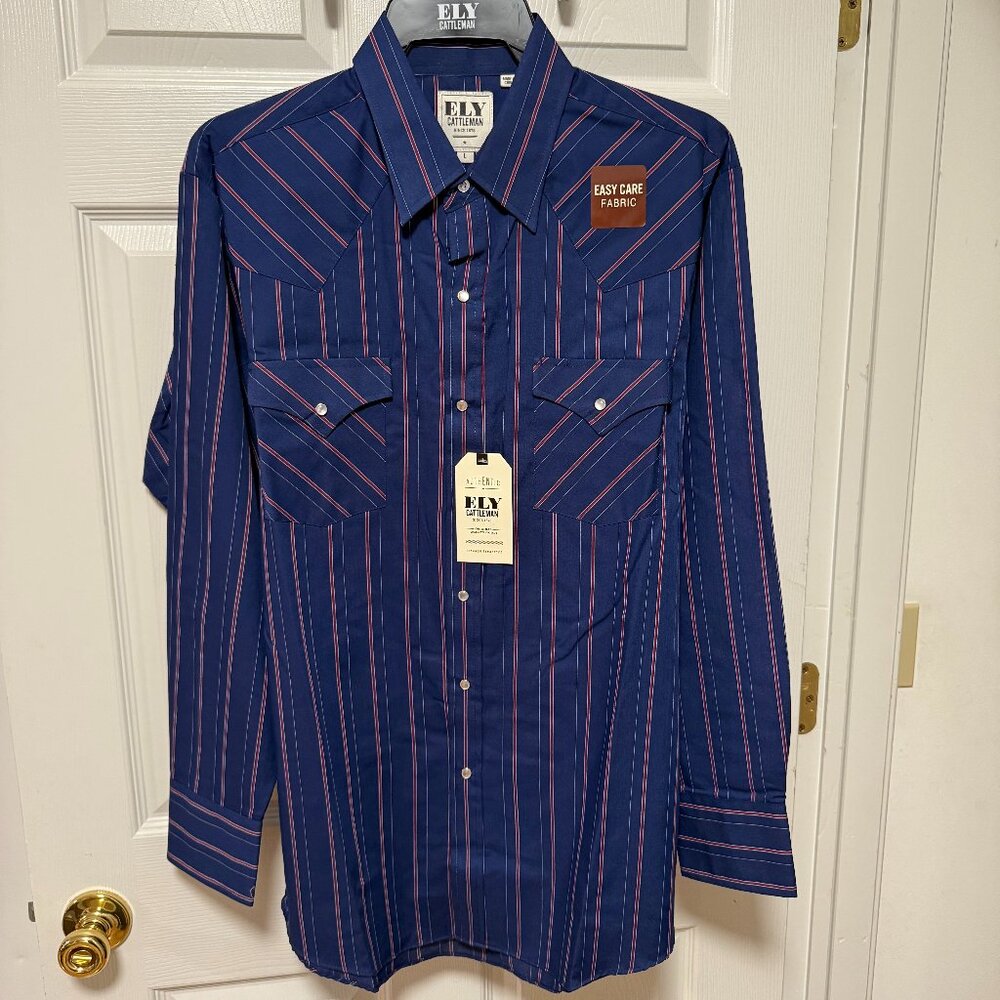 New Men's Ely Cattleman Western Long Sleeved Shirt Pearl Snaps Blue Red Stripe L